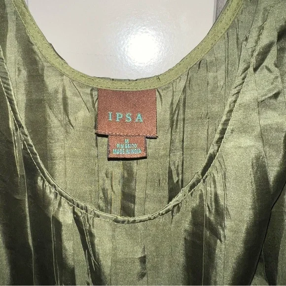 IPSA Anthropologie 100% Silk Olive Green Satin Beaded Peplum Blouse Size Medium - Picture 2 of 9